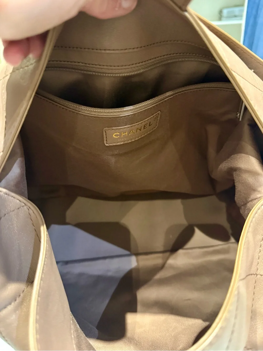 CHANEL Quilted Lambskin Shoulder Bag in Taupe